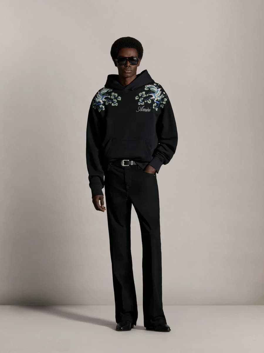 Floral Embroidered Hoodie - Black — on model