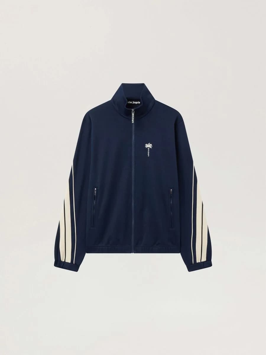 Palm Angels — Palm Tree Striped Track Jacket in Navy Blue - Off White