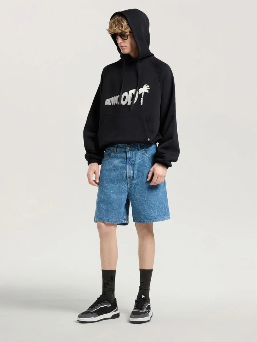 Sunset Blvd Palm Loose Hoodie in Black - Off White — on model