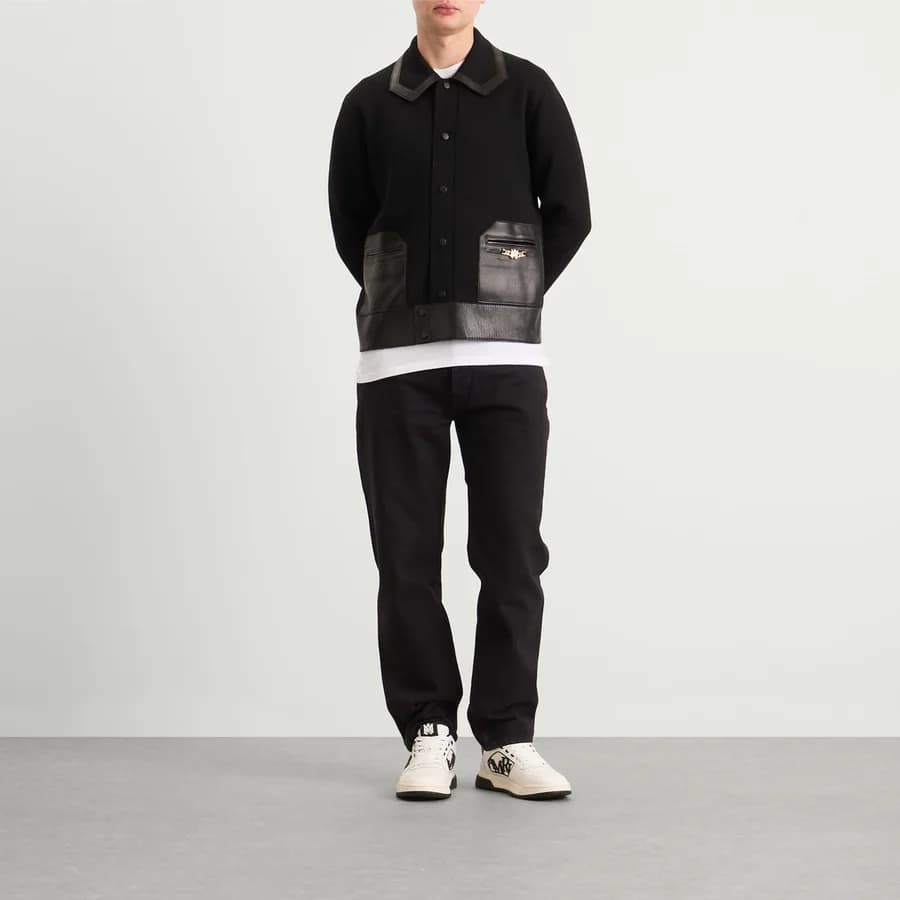 Leather Patch MA Cardigan — Black — on model