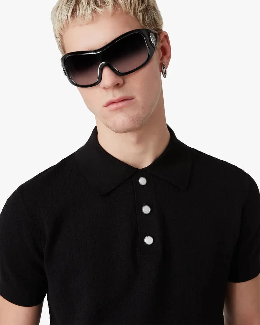 Black Outline Shield Sunglasses — on model