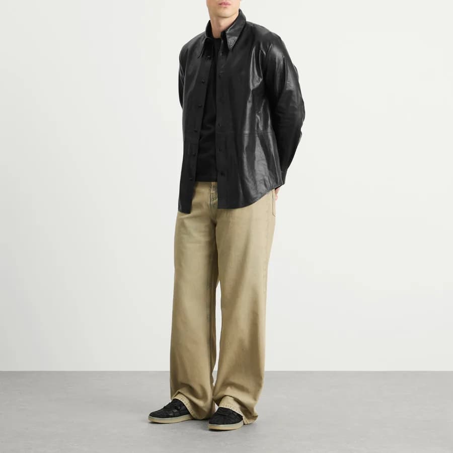 Lightweight Leather Overshirt — Black — on model