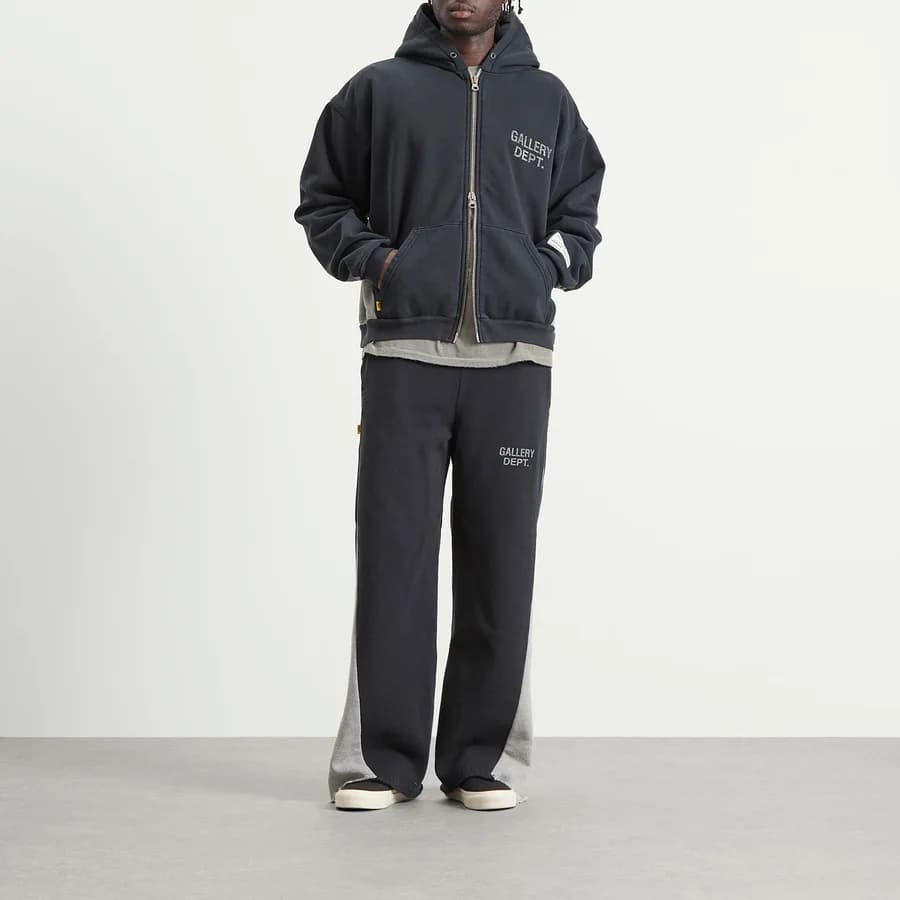 Contrast Panel Zip Hoodie — Washed Black/Heather Grey — on model