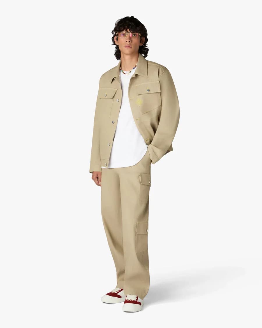 Beige Desert Canvas Denim Jacket — on model