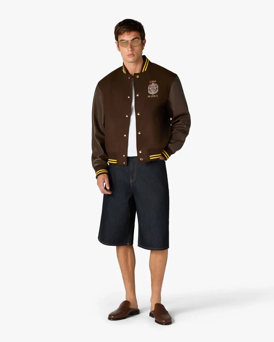 Brown Celestial Pyramid Wool & Leather Varsity Jacket — on model