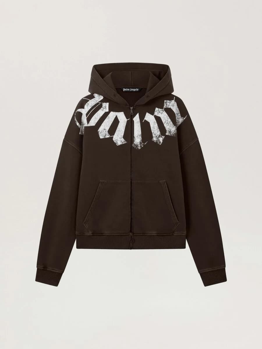 Palm Angels — Big Neck Logo Zip Loose Hoodie - Brown/Off White