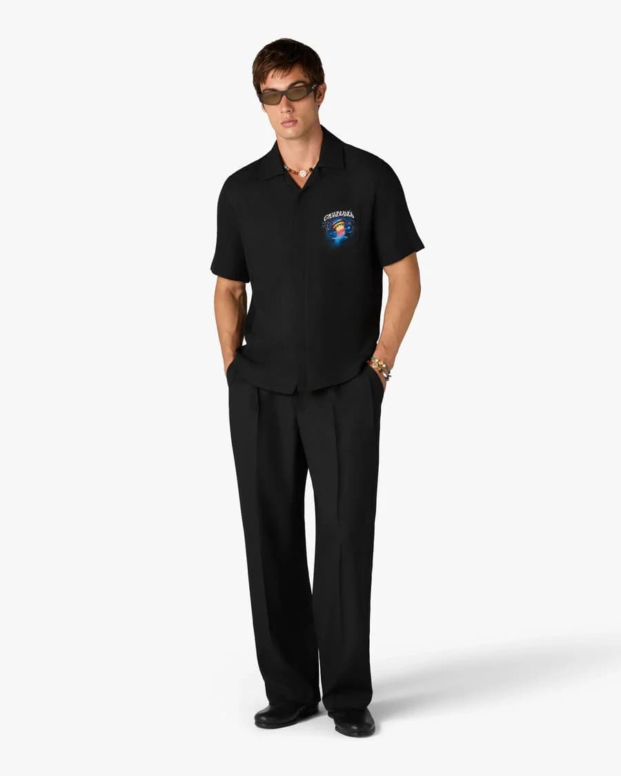 Black Sahara Twilight Short Sleeve Silk Shirt — on model
