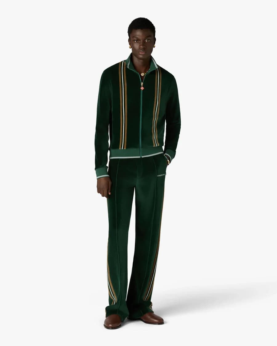 Green & Brown Stripe Velour Track Jacket — on model