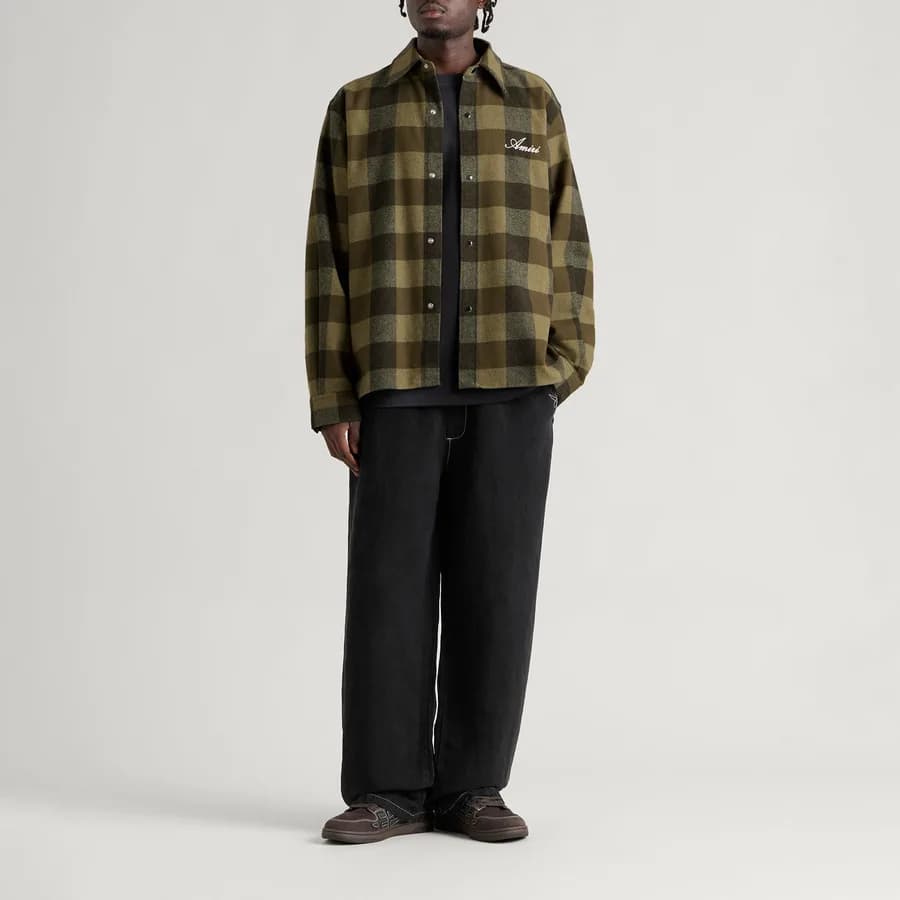 Heavy Flannel Check Shirt — Deep Olive — on model