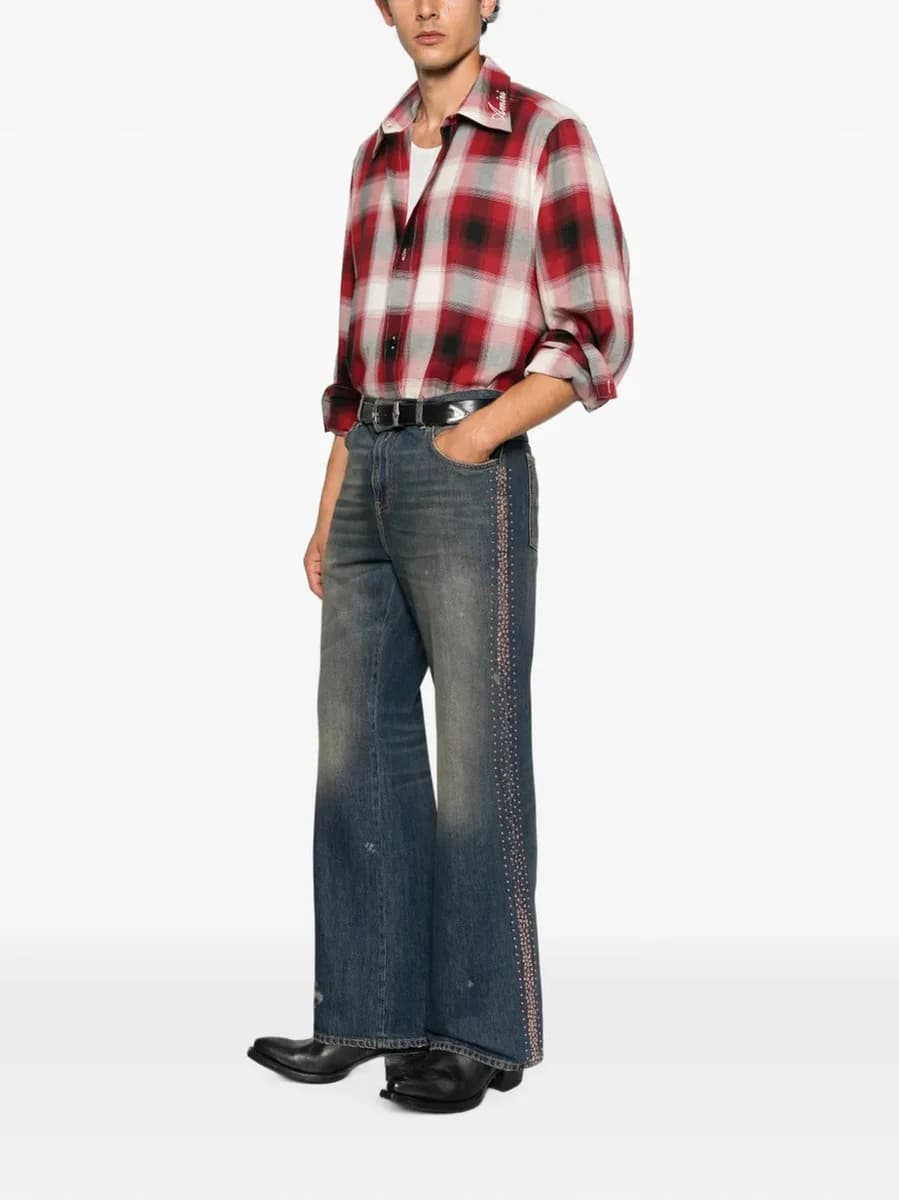 MA Fit Embellished Stripe Jean - Faded Sand Indigo — on model