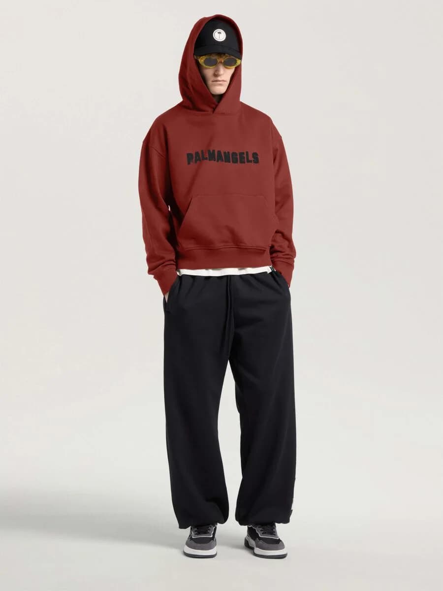 Palm Hills Regular Hoodie in Brick Red - Black — on model